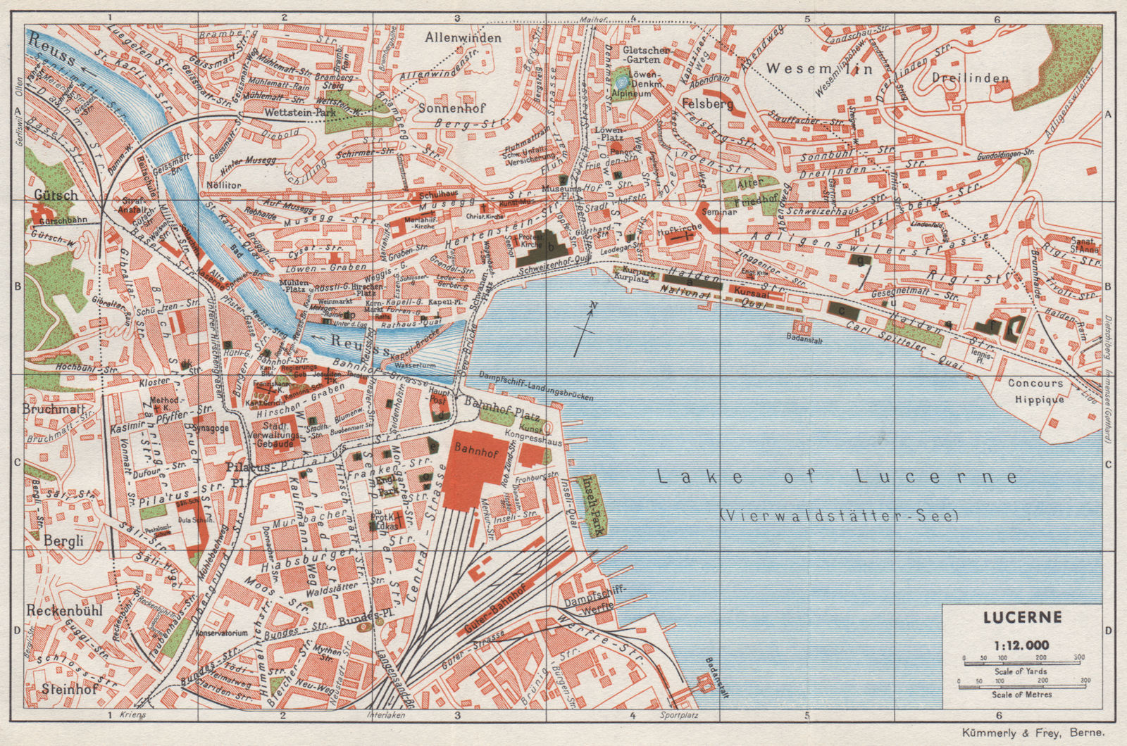 LUCERNE LUZERN. Vintage town city map plan. Switzerland 1948 old vintage
